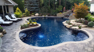 Backyard Pool and Patio with People Relaxing